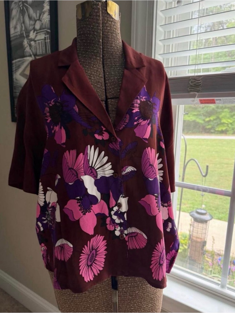 Women’s Floral Button-Up Shirt - Burgundy & Pink